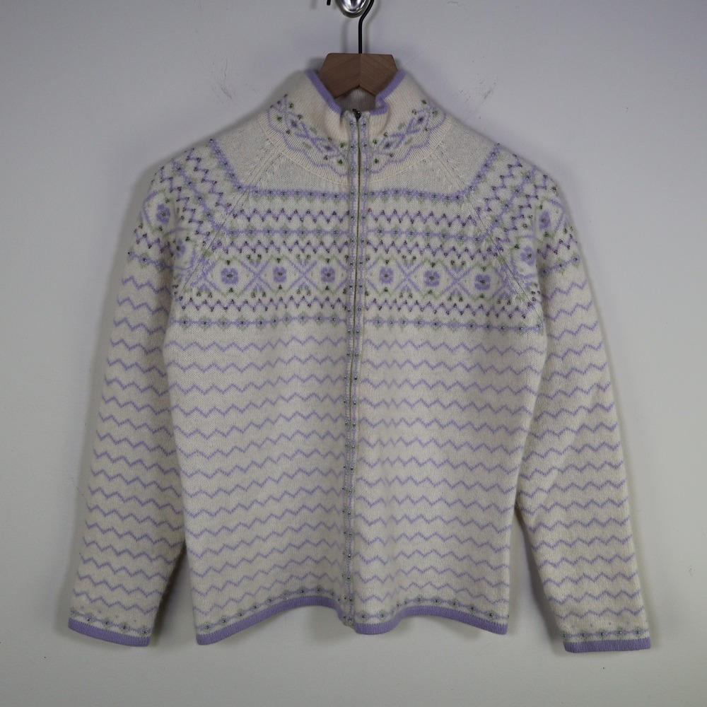 Vintage Talbots Fair Isle Beaded Cardigan Small Cottagecore Angora Wool Lavender